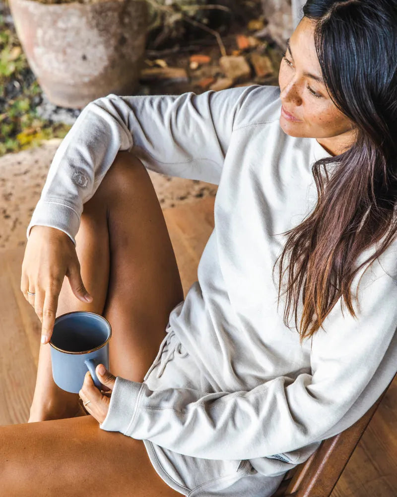 Woman Drinking Coffee Wearing Sandstone Off White Alpaca Tri-Blend Terry Raglan Crewneck Lightweight Sweatshirt – PAKA Apparel