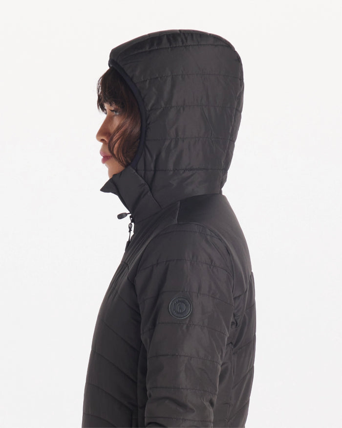 Womens black puffer jacket with hood