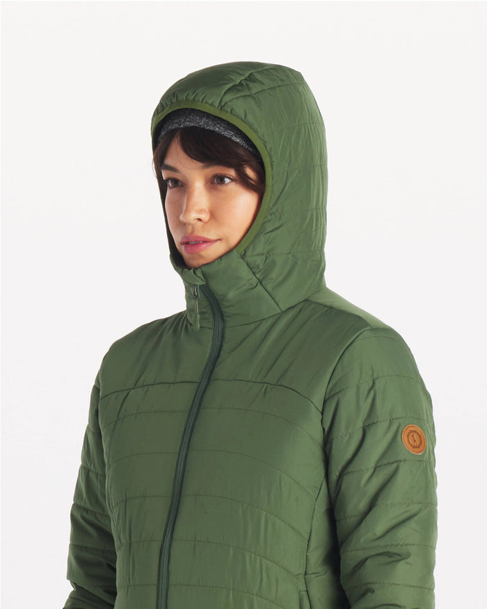 Female Model with Hood Up in Sergeant Green Women’s Water Repellent Midweight Puffer Jacket – PAKA Apparel