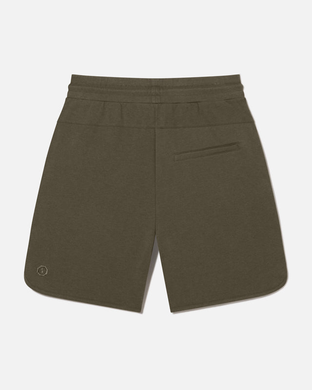 Green men's alpaca terry shorts flat lay back