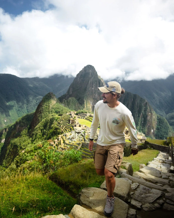 Man in Off White Machu Picchu Graphic Long Sleeve Alpaca Shirt at Machu Picchu – PAKA Apparel