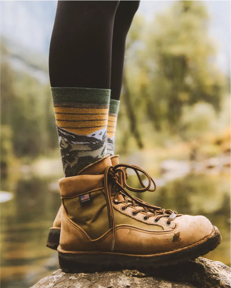 Mountain Pattern Graphic Natural Fiber Alpaca Wool Outdoor Socks Worn Over Tights with Hiking Boots – PAKA Apparel