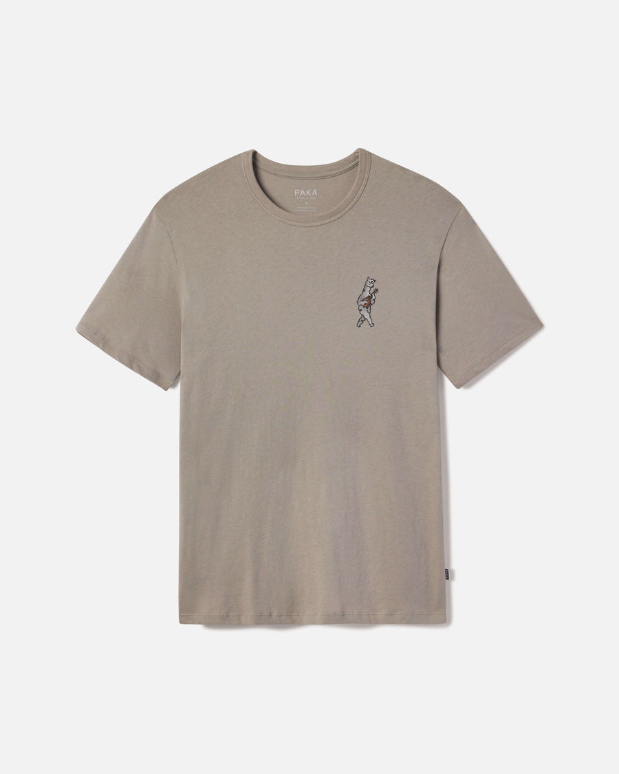 Front of Tan Peruvian Alpaca T-Shirt with Graphic of Sebastian the Alpaca Playing Mandolin – PAKA Apparel