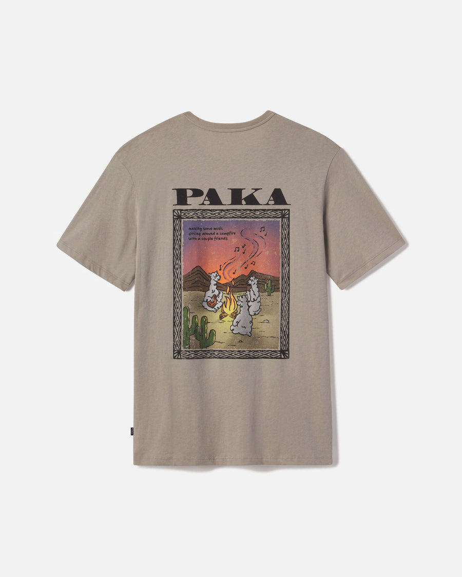 Back of Tan Peruvian Alpaca T-Shirt with Graphic of Sebastian the Alpaca Playing Mandolin Around a Campfire to Other Alpacas – PAKA Apparel