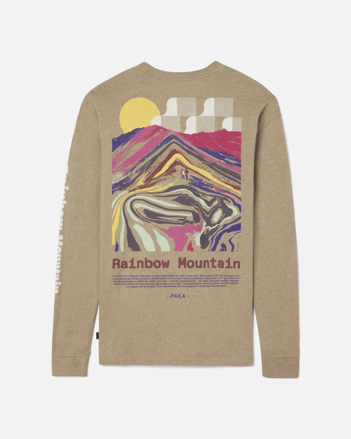 Man Wearing Tan Rainbow Mountain Graphic Alpaca Long Sleeve Shirt in Mountains – PAKA Apparel