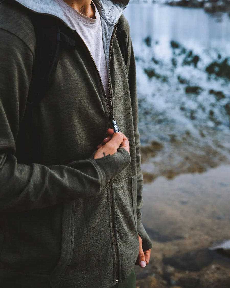 Men's green alpaca hoodie with grey interior 