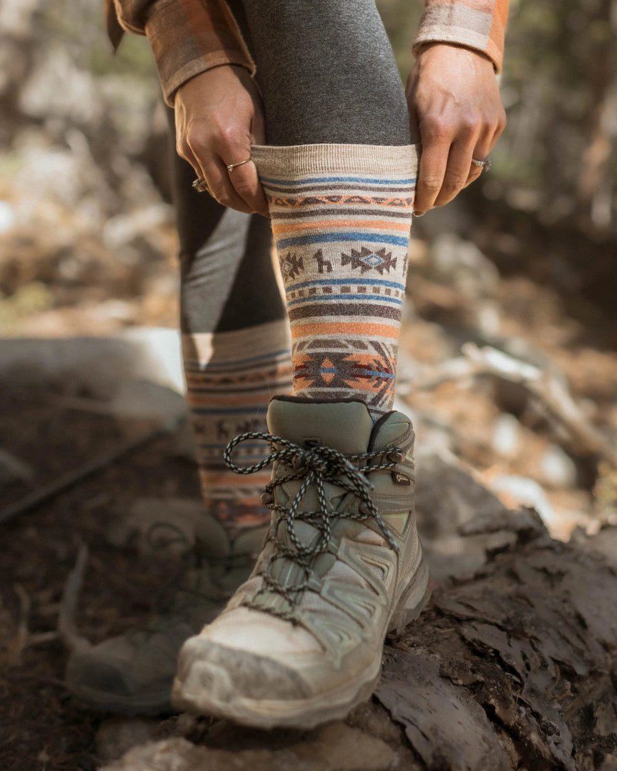 Inca Pattern Alpaca Wool Outdoor Crew Socks Worn Over Tights with Hiking Boots – PAKA Apparel on Woman Model