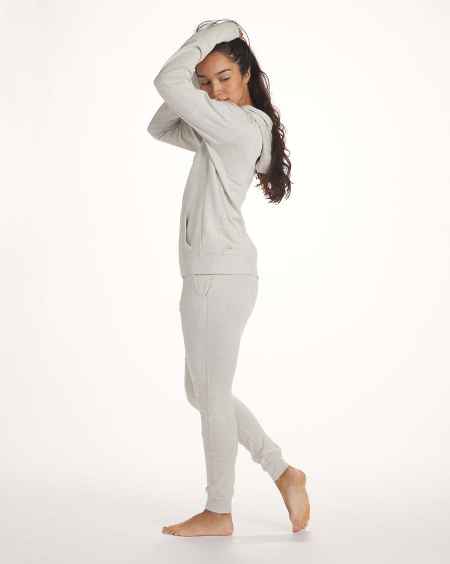 women's tan breathe joggers on model