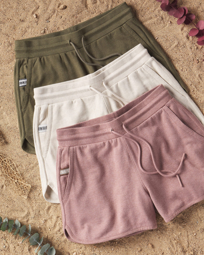 Three Alpaca Tri-Blend Terry Cloth Shorts on Sand in Andean Moss / Dark Green, Sandstone / Off-White, and Iron Oxide / Pink – PAKA Apparel